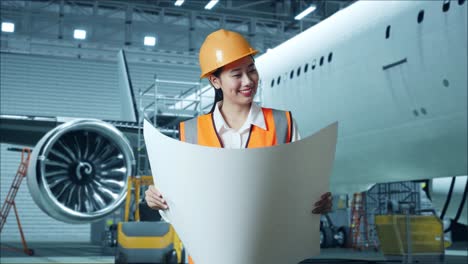 mujer ingeniera revisando planos de aviones en el hangar