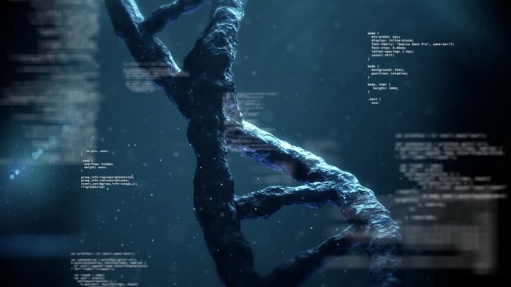 Animation of chromosomes, spinning dna structures and data processing against blue background