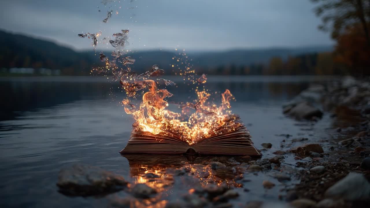 Buch auf dem Wasser geht bei Sonnenuntergang an einem stillen See in Flammen auf
