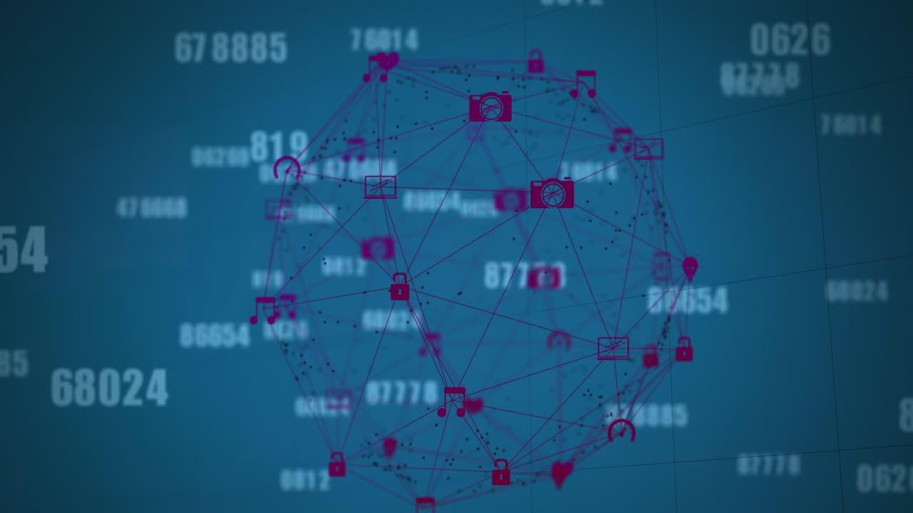 Animation of multiple changing numbers and spinning globe of digital icons against blue background