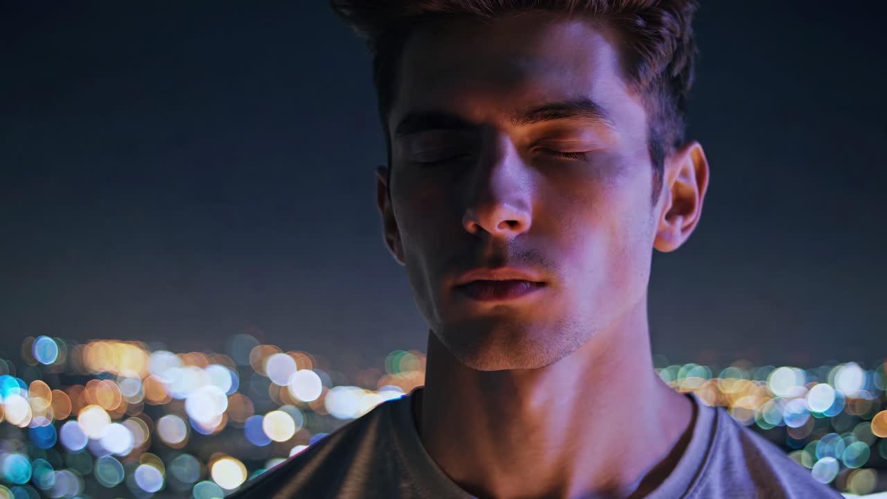 Young man with closed eyes stands against a city skyline at night, immersed in thought, capturing a moment of introspection and tranquility amidst urban lights