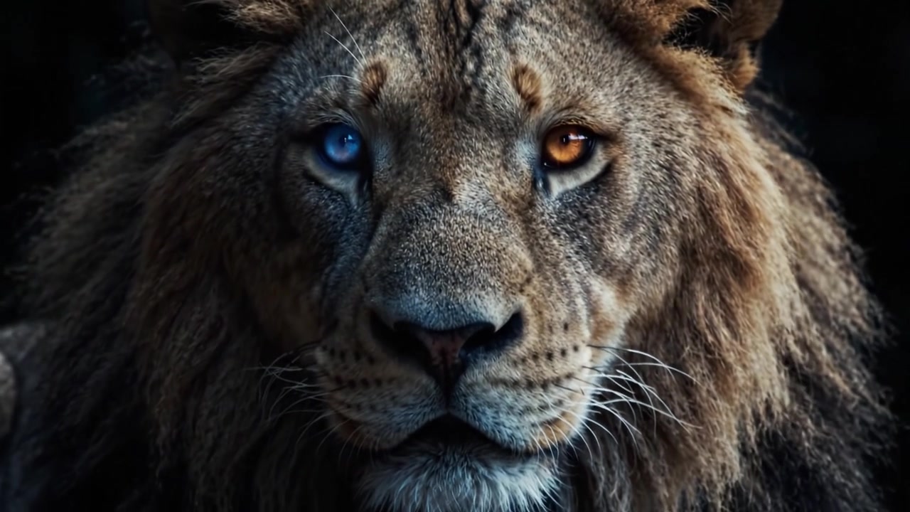 Un primer plano impactante de un león majestuoso con mirada intensa, presentando colores de ojos únicos sobre un fondo oscuro, simbolizando fuerza y belleza salvaje en la naturaleza.