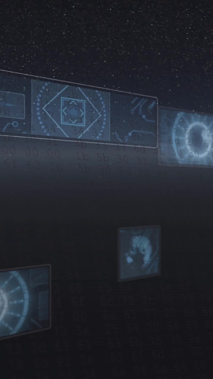 Animation of screens with round scanner and data processing against space
