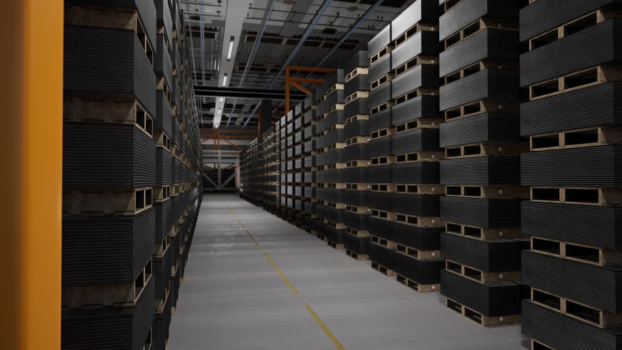 Industrial Warehouse Storage Facility with Pallets of Black Panels