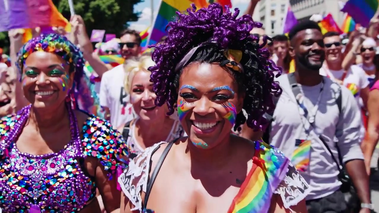 Gruppo eterogeneo di persone che festeggia a una parata del Pride