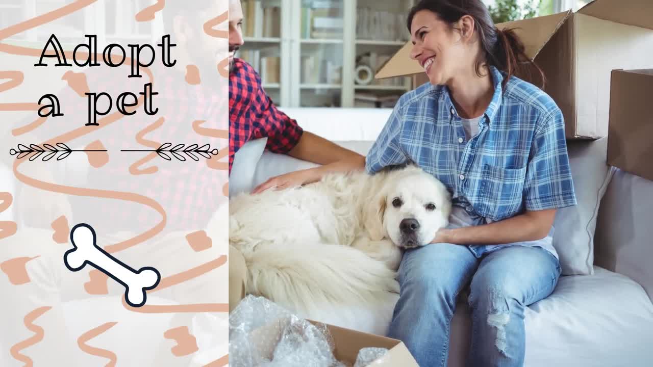 백인 커플이 웃고 애완견을 애완하는 애완동물 텍스트를 입양하는 애니메이션