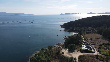 aerial drone view of a serene coastal landscape with clear blue waters, scattered boats, and the traditional mollusc-farming system in galicia, bateas. mussel farms floating in the ria de vigo.
