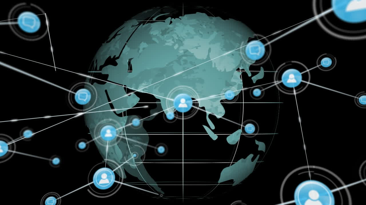 Animation of networks of connections with icons over globe on black background