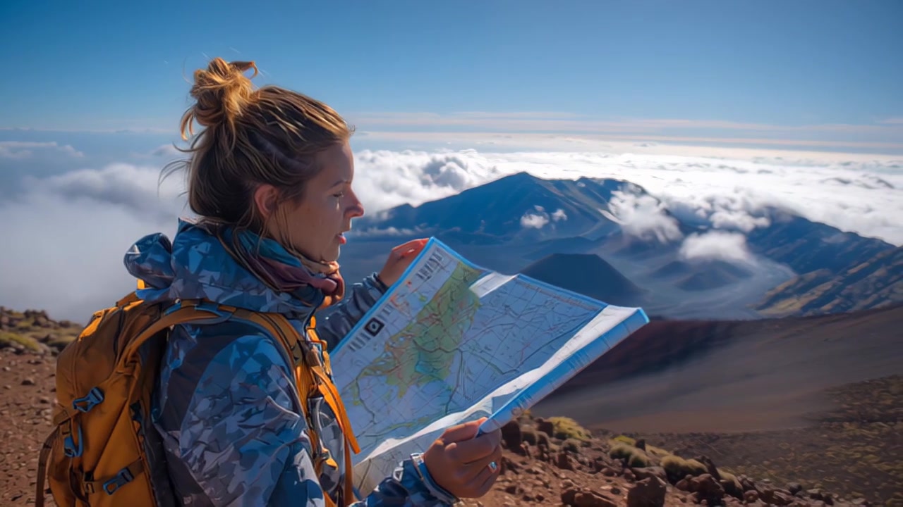 Aufnahmen einer jungen Rucksacktouristin, die bei Sonnenaufgang auf einem hohen Bergaussichtspunkt über einem Wolkenmeer eine Papierkarte studiert, Abenteuerreise- und Navigationskonzept.