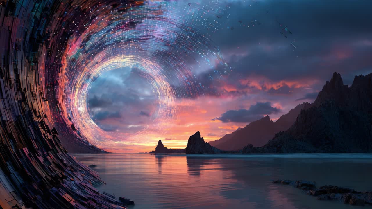 Una sorprendente opera d'arte digitale: un paesaggio surreale al tramonto catturato in due fotogrammi, che mostra un'incredibile fusione di natura e tecnologia futuristica.