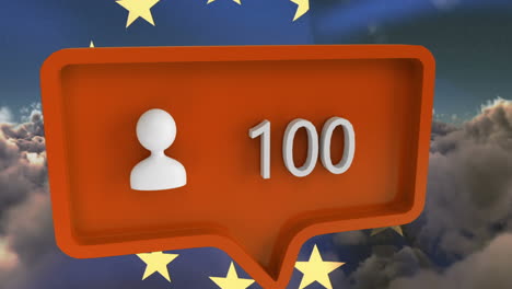 animation of people icon with numbers on speech bubble with european union flag and clouds