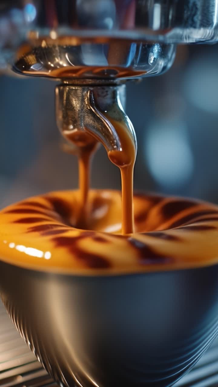 L'arte dell'espresso: scatti accattivanti che mostrano il percorso dalla macchina alla tazza splendidamente schiumata, illustrando il viaggio del caffè dalla preparazione all'arte in tazza.