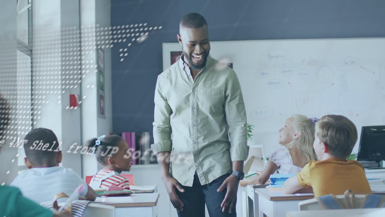 Teacher opening arms, engaging pupils in classroom, map overlay fading to prompt answers