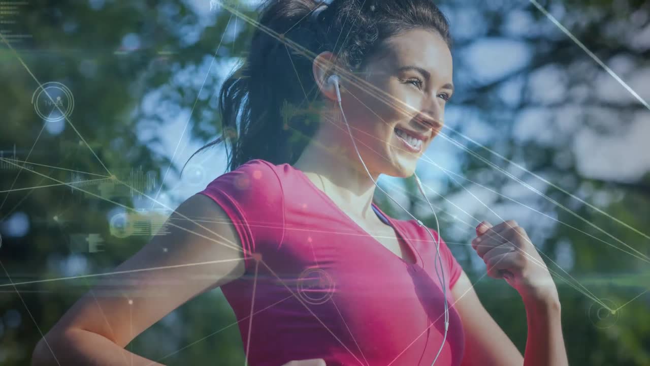 video generado digitalmente de líneas geométricas y mujer corriendo 4k