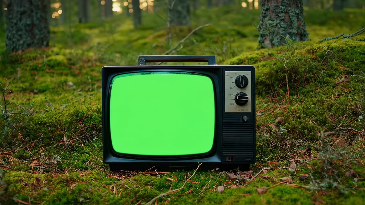 Un televisore vintage con schermo verde è posizionato in una foresta tranquilla, circondato da muschio ed alberi vivaci, evidenziando la giustapposizione tra tecnologia e natura.