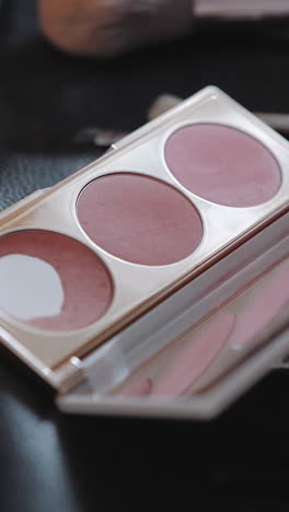visagist takes palette with blushes to apply makeup on client face in beauty salon closeup. professional beautician service. decorative cosmetic product