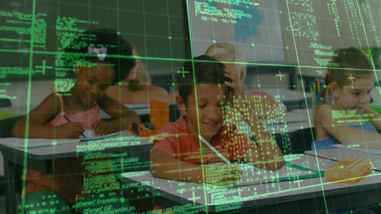 Diverse Children Learning in Classroom with Digital Code Overlay