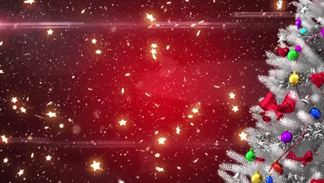 animation of snow and stars falling over christmas tree on red background