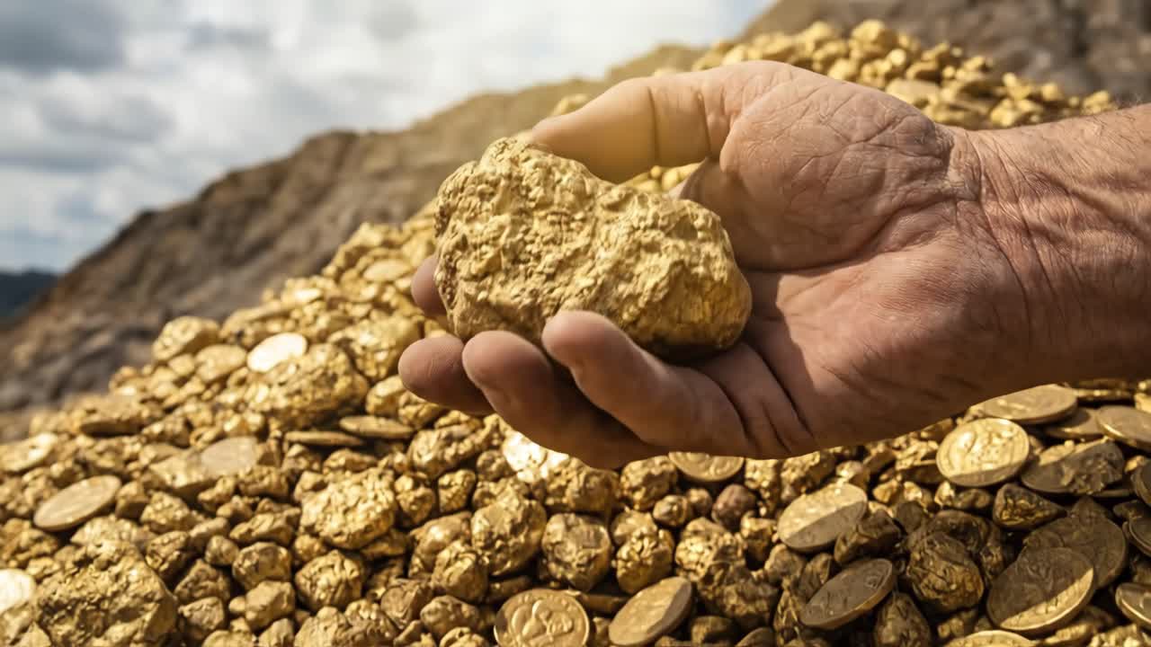 山から大きな金の塊を拾い上げる手