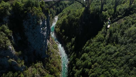Amazing tilt up with panoramic view of Tara River and Tara Bridge - Near Zabljak, Montenegro.