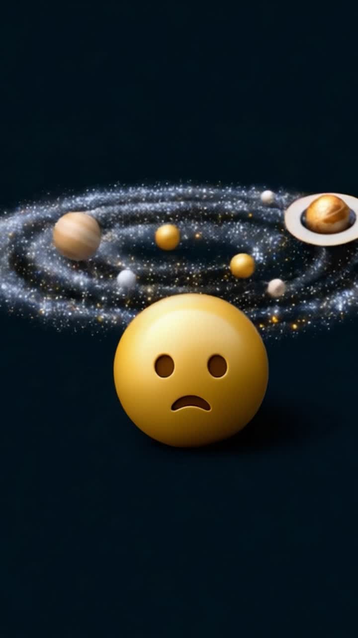 Smutné emoji ve vesmíru obklopené barevnými planetami a nebeskými prvky, odrážející emoce v intrikujícím kosmickém prostředí plném úžasu a tajemství