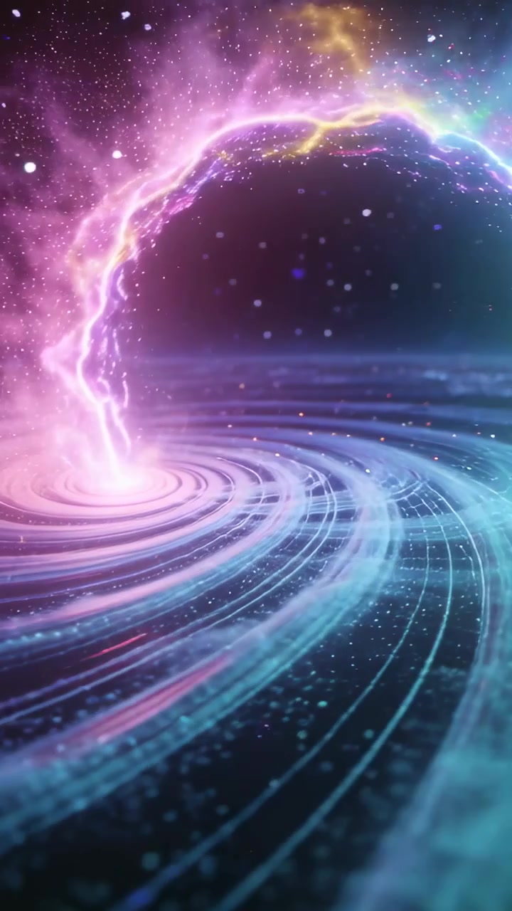 Vertical video: Brightening arc with merging rings forming columns and gateway above grid, sparkles