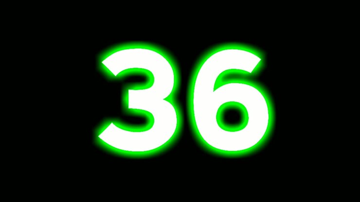 Simbolo numero neon 36 trentasei, animazione moderna motion graphics che lampeggia su sfondo nero, colore verde che si illumina e brilla per elementi video