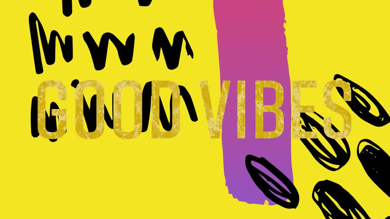 animación de texto de buenas vibraciones sobre formas en fondo amarillo