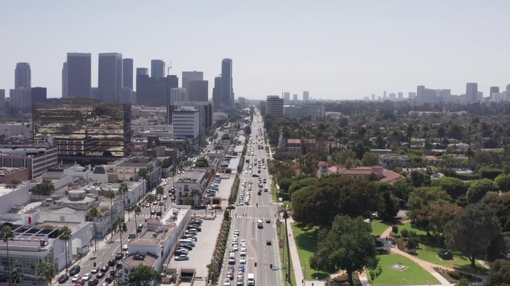 Wide aerial shot flying over Santa Monica Blvd