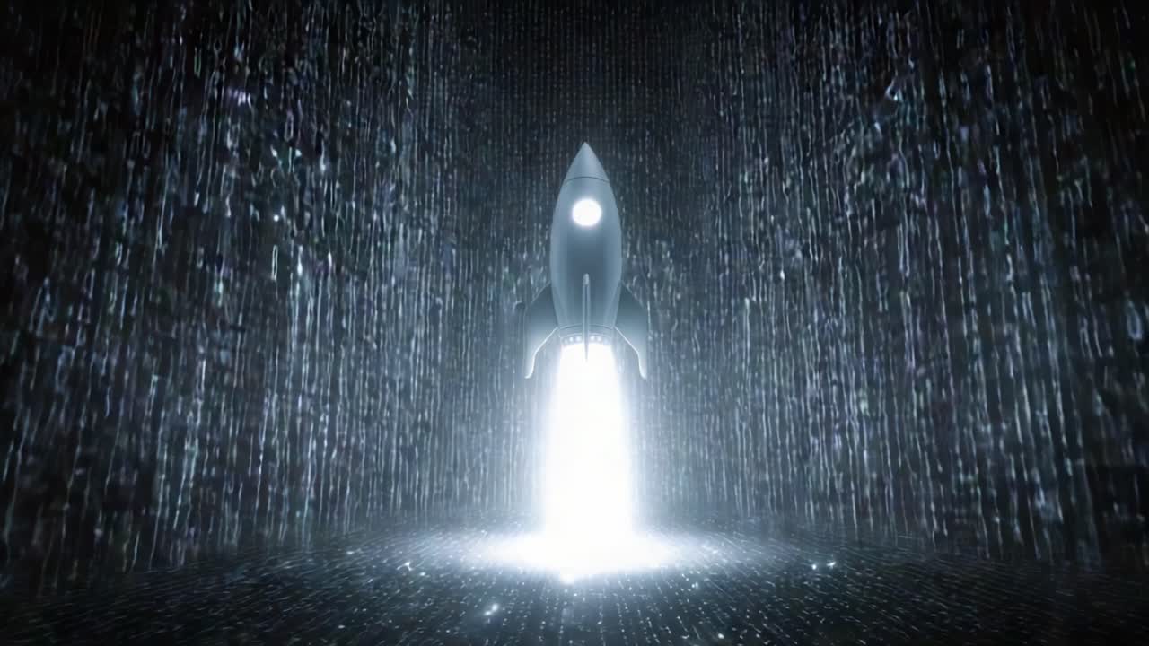 Futuristic toy rocket launching and flying through a dark digital tunnel made of glowing binary code, representing technological progress, innovation, business startup, and the digital age