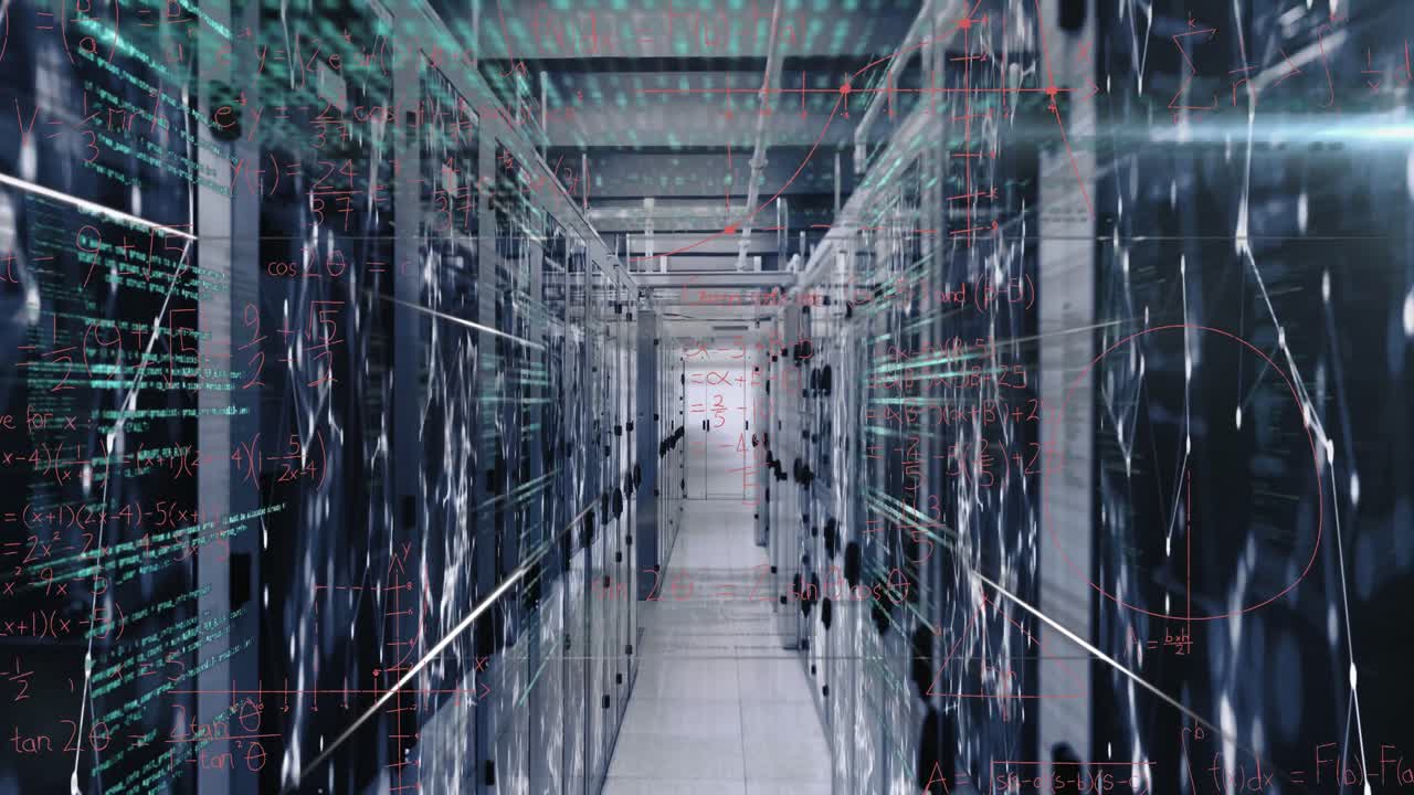 animación del procesamiento de datos, ecuaciones matemáticas y red de conexiones a través de la sala de servidores.