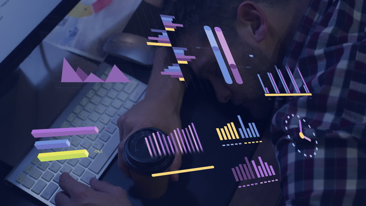 Animation of financial data processing over caucasian man using computer