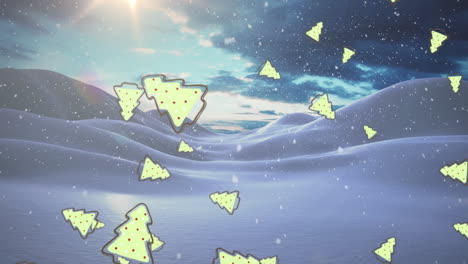 animation of snow and christmas tress falling over winter scenery