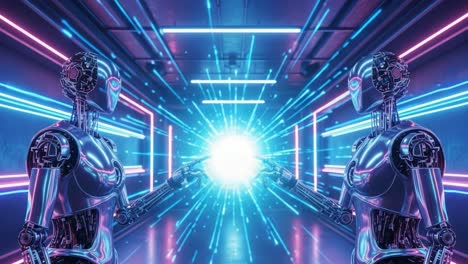 futuristic encounter: two robots interact in a high-tech environment, creating a vibrant energy sphere amidst glowing neon lights