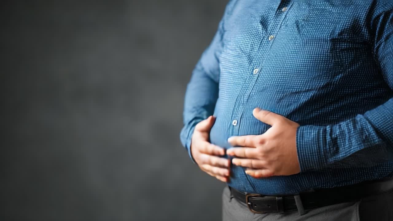 A close-up view of a man gently holding his abdomen, showcasing concerns related to bloating or discomfort, highlighting body awareness and well-being