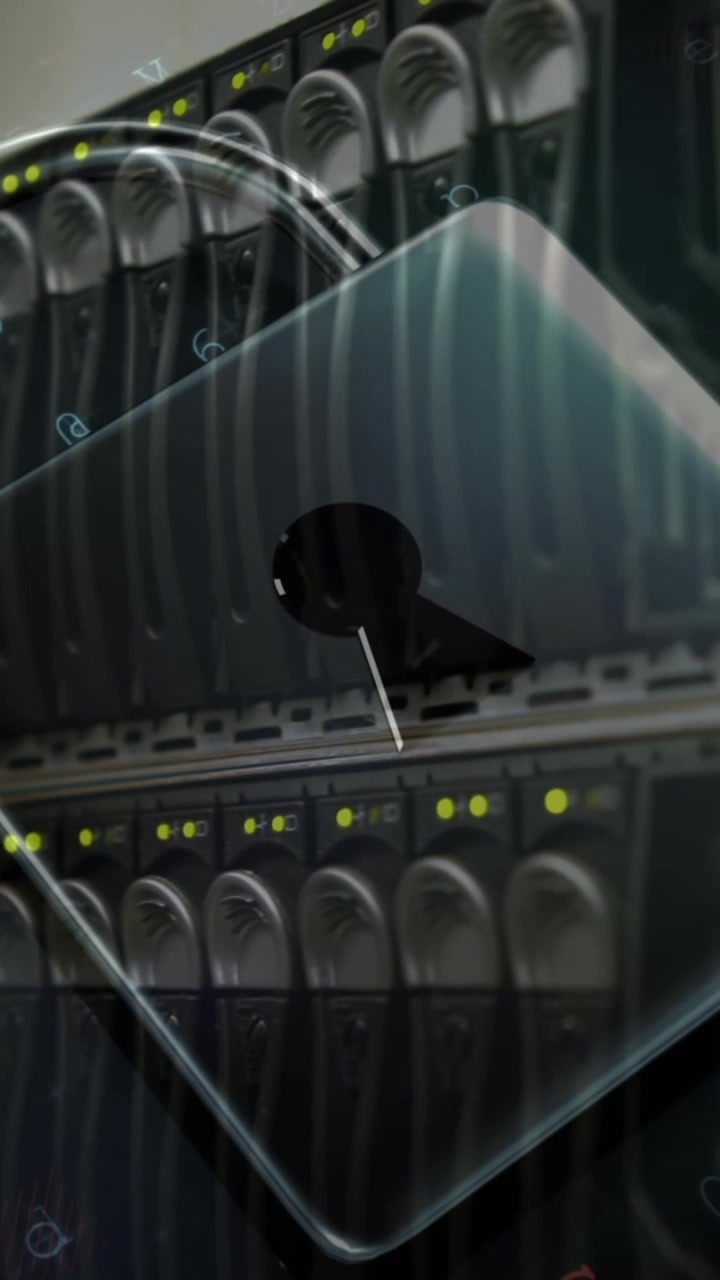 Animazione di avviso di cyberattacco e lucchetto su sala server