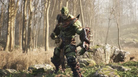 a formidable orc warrior trains before battle and demonstrates combat skills. fantasy medieval concept. looping animation is designed for historical, medieval or fantasy backgrounds.