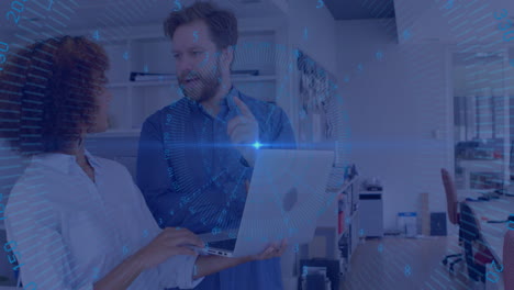 Discussing data insights, business professionals in office with digital animation overlay
