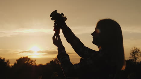 silueta de un granjero sosteniendo un racimo de uvas en sus manos contra el sol poniente