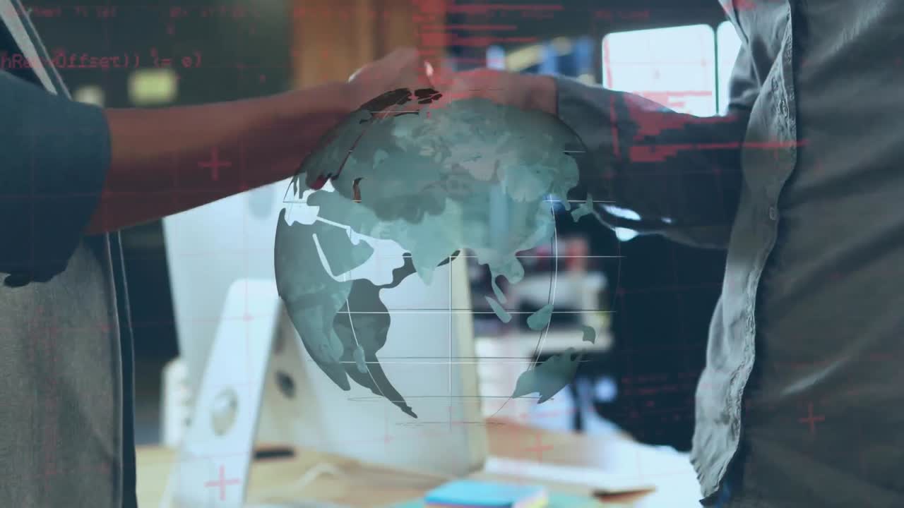 Animation of globe and data processing over handshake