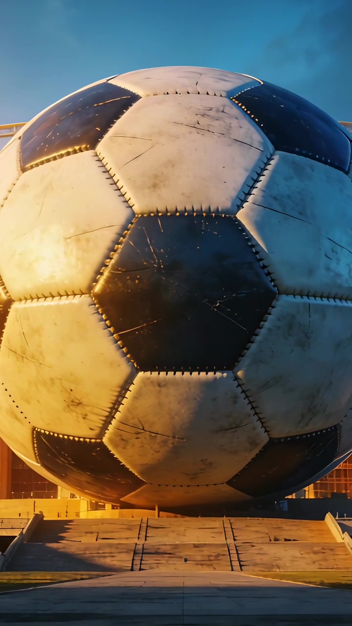 Dikey video: Kamera yaklaşıyor, meydanda dikişli panellerini göstermek için devasa, yıpranmış bir futbol topunu ortaya çıkarıyor.