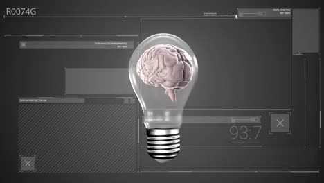 animation of data processing over lightbulb with human brain on grey background