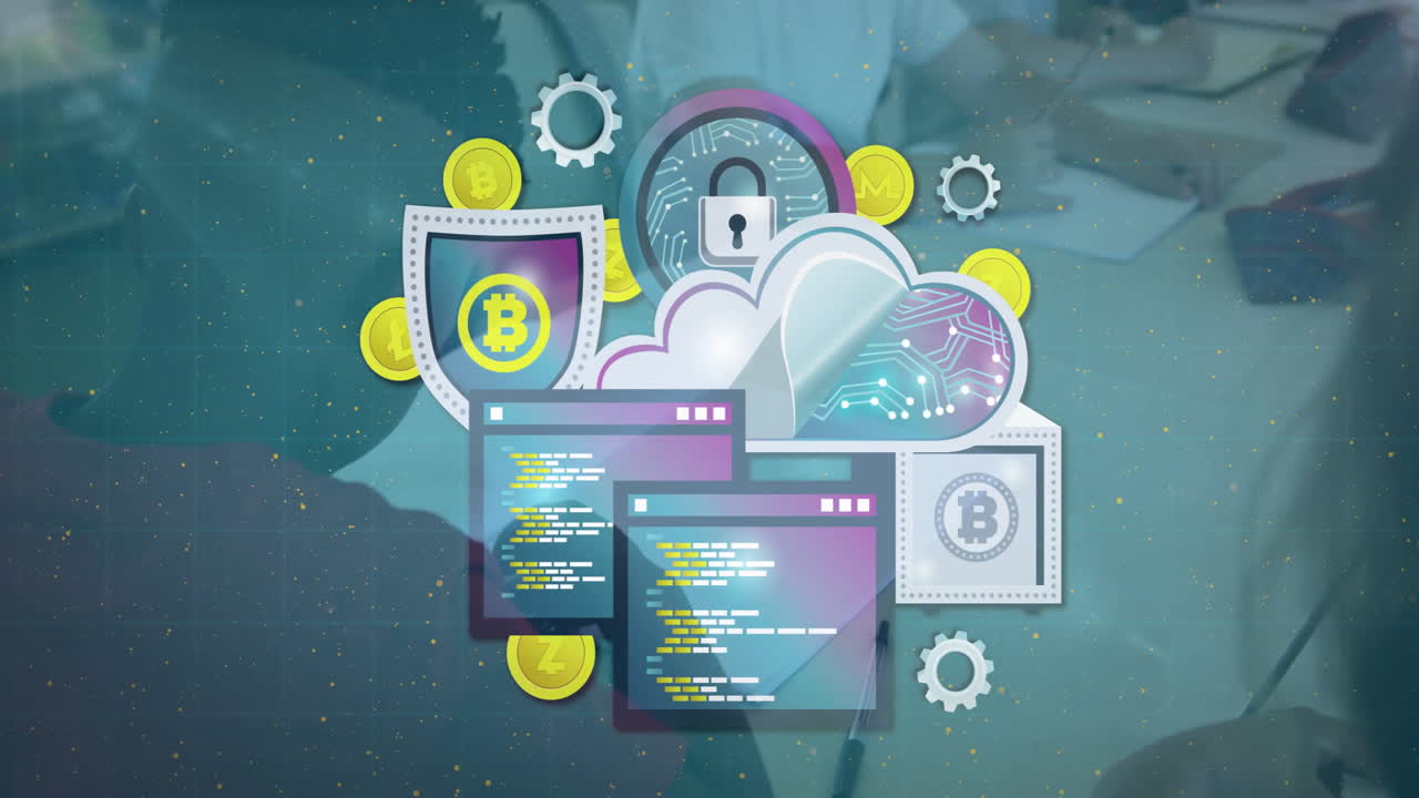 Blockchain elements and coding screens with cloud computing and cryptocurrency symbols