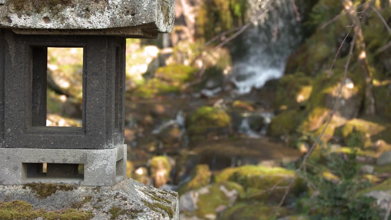 Inquadratura media statica di una lanterna toro in pietra davanti a una cascata sfocata e rocce muschiose.