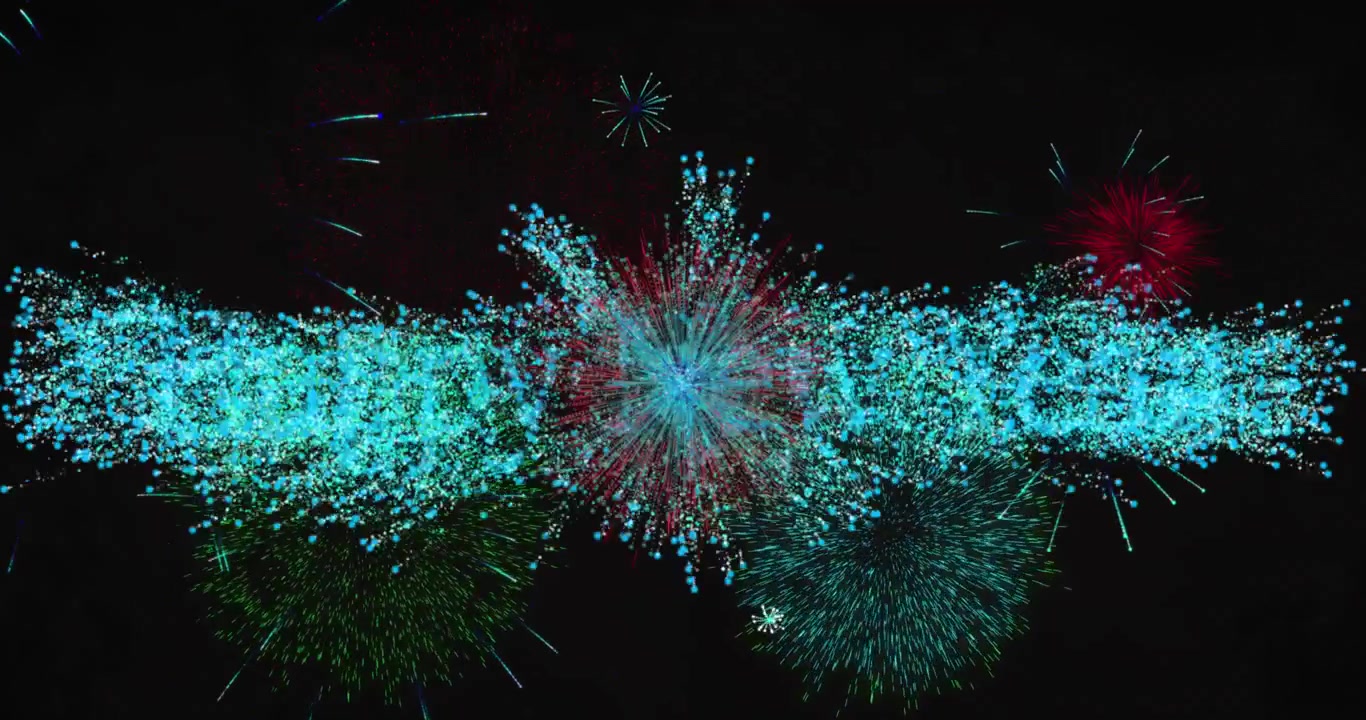 Animation of happy new year text in blue with colourful new year fireworks exploding in night sky