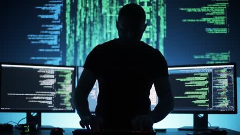 a mysterious coder in action: illuminated by digital data streams, a skilled programmer engages in complicated coding within a darkened room of technology and innovation