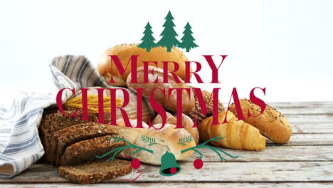 assorted breads on wooden table with animation of merry christmas festive graphics