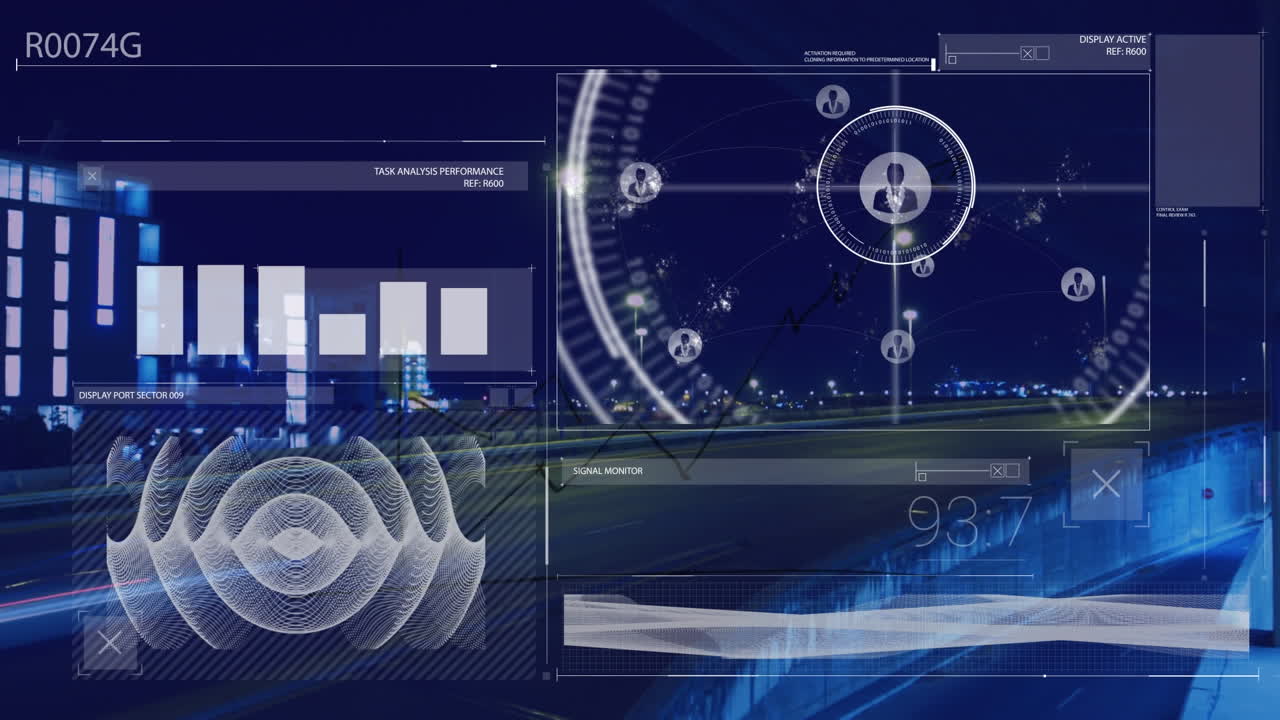 야간 도시 교통에 대한 데이터 처리 인터페이스의 애니메이션