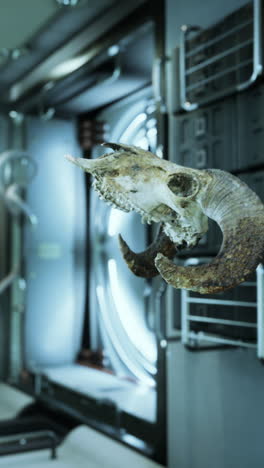 a ram skull hanging in a futuristic laboratory