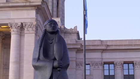 dolly shot right to left of the as long as the water flows statue on the grounds of the oklahoma state capitol building to the capitol building